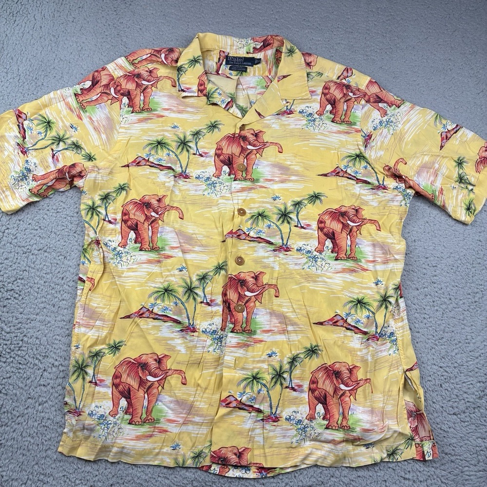 Polo Ralph Lauren Caldwell Hawaiian Camp Shirt Men's XL Yellow Elephant Viscose